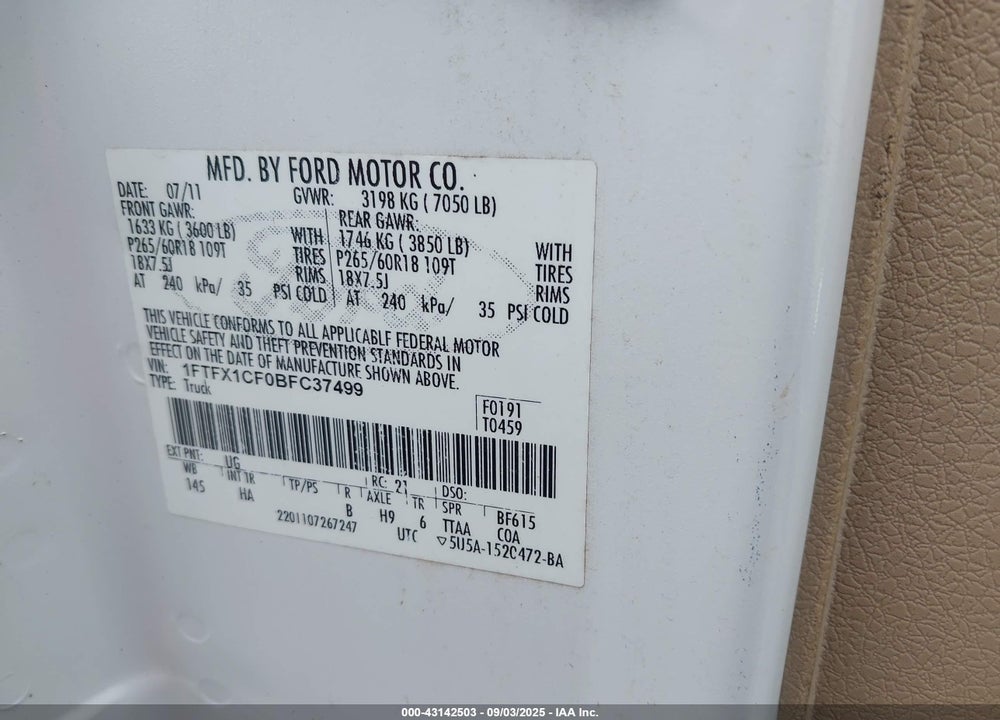 2011 FORD F-150 VIN: 1FTFX1CF0BFC37499