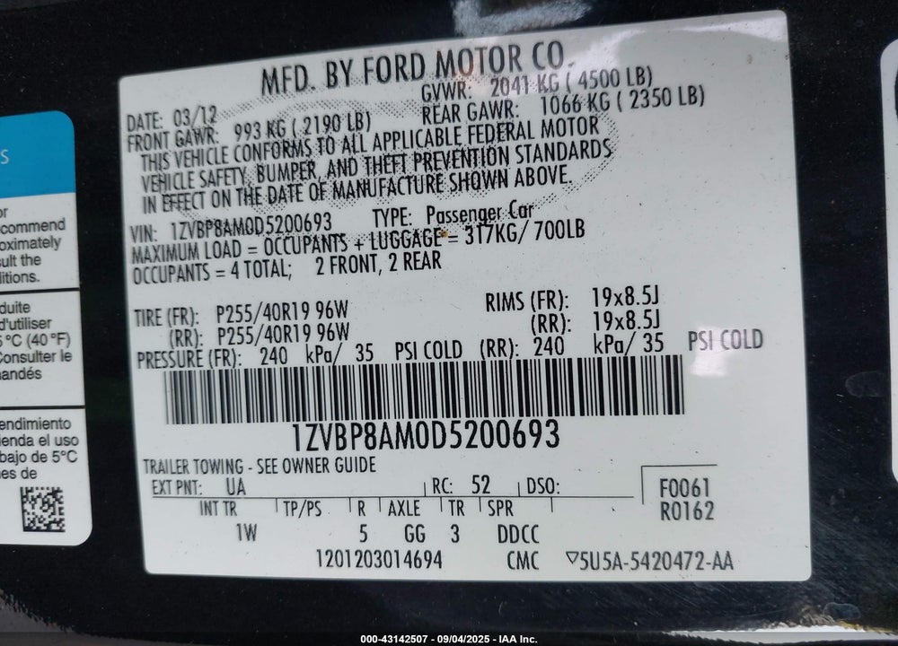 2013 FORD MUSTANG V6 VIN: 1ZVBP8AM0D5200693