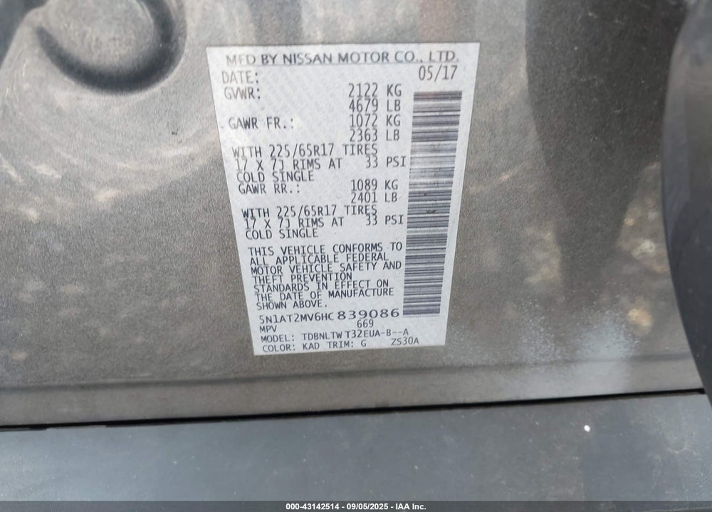 2017 NISSAN ROGUE VIN: 5N1AT2MV6HC839086