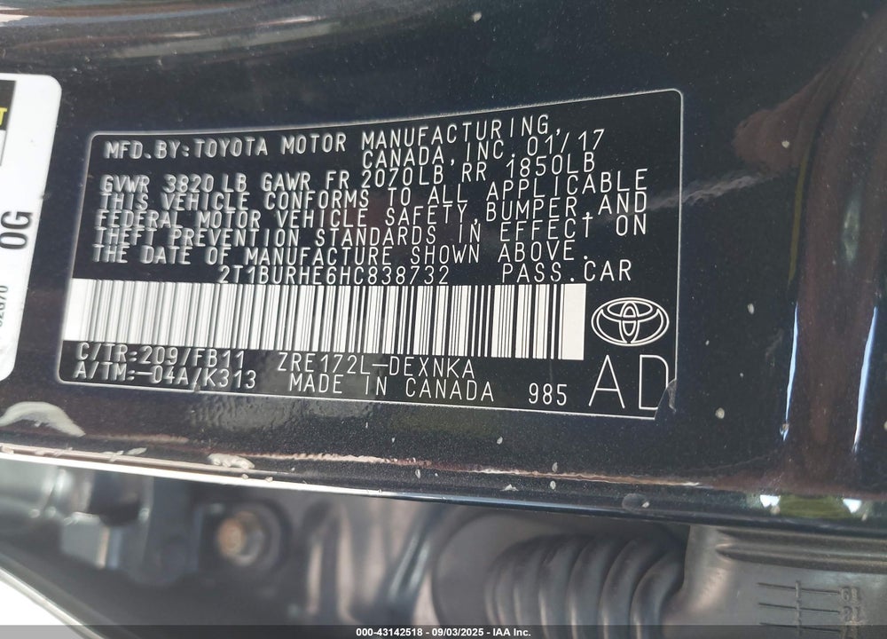 2017 TOYOTA COROLLA VIN: 2T1BURHE6HC838732