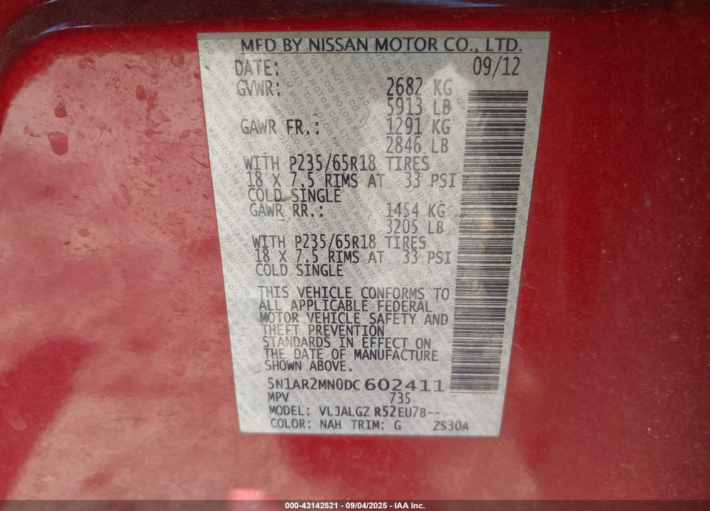 2013 NISSAN PATHFINDER SL VIN: 5N1AR2MN0DC602411