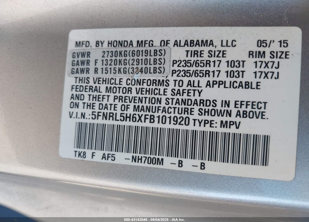 2015 HONDA ODYSSEY VIN: 5FNRL5H6XFB101920