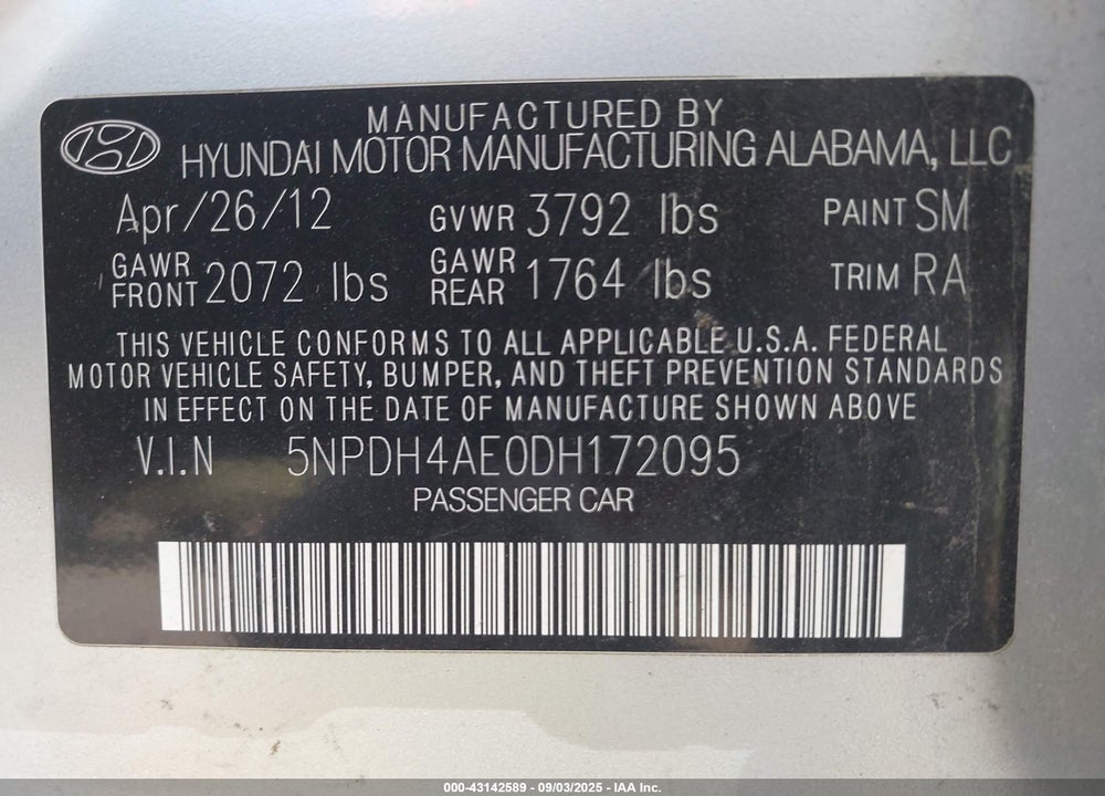 2013 HYUNDAI ELANTRA VIN: 5NPDH4AE0DH172095