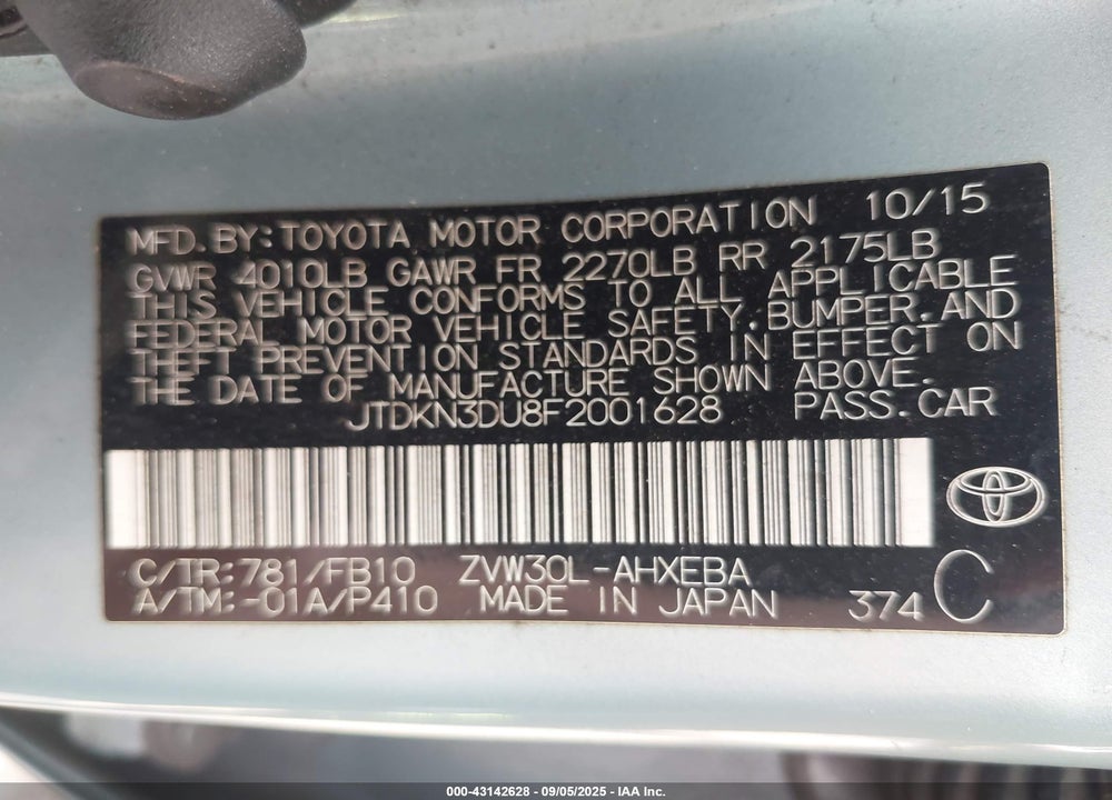 2015 TOYOTA PRIUS VIN: JTDKN3DU8F2001628