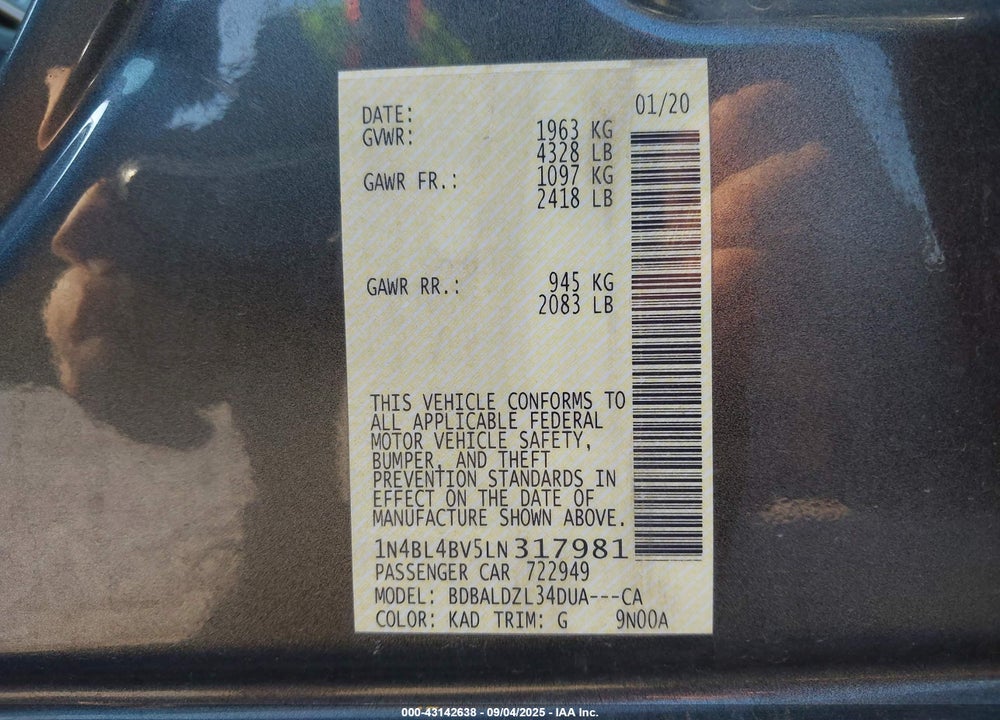 2020 NISSAN ALTIMA VIN: 1N4BL4BV5LN317981