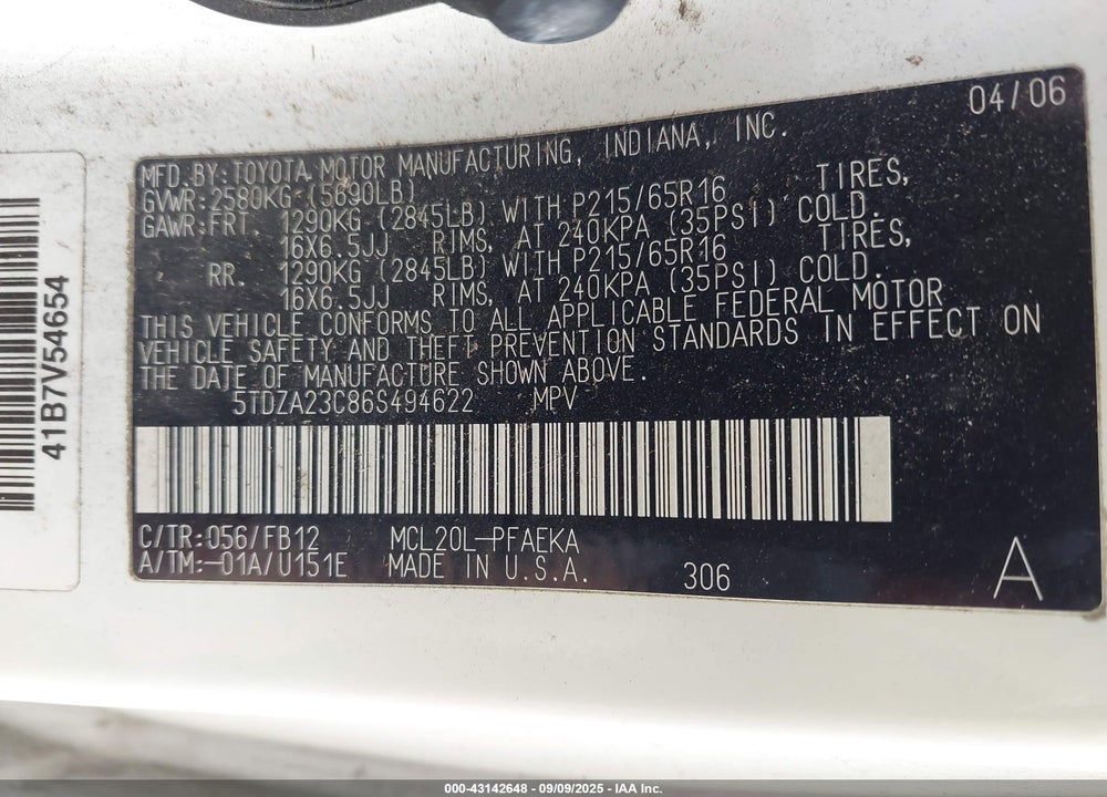 2006 TOYOTA SIENNA CE VIN: 5TDZA23C86S494622