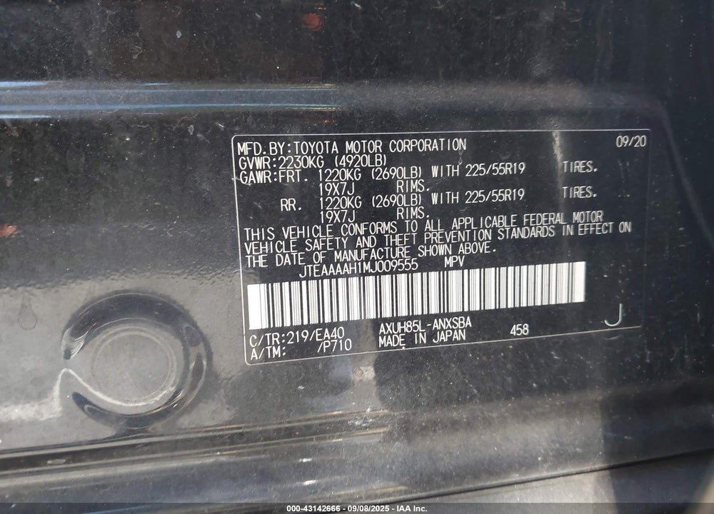 2021 TOYOTA VENZA VIN: JTEAAAAH1MJ009555