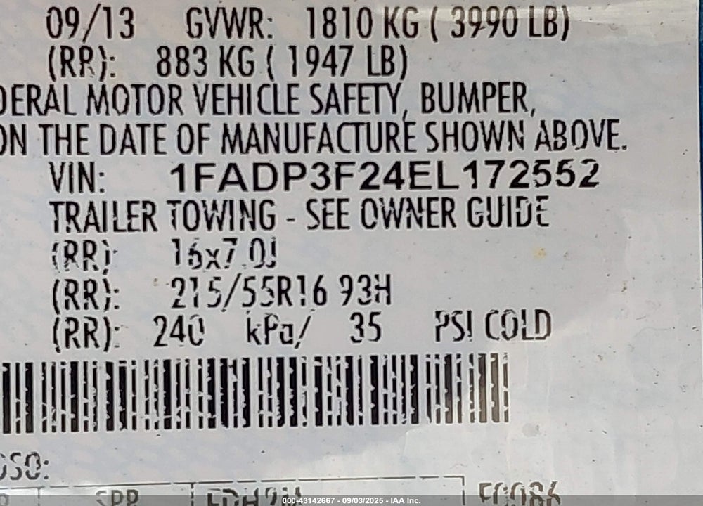 2014 FORD FOCUS VIN: 1FADP3F24EL172552