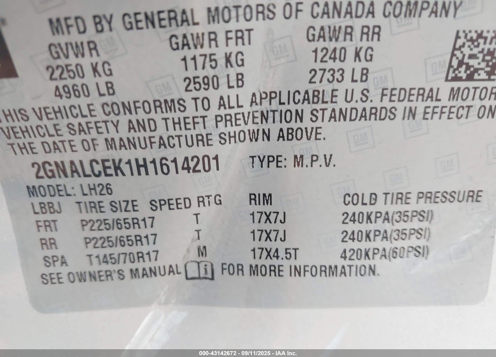 2017 CHEVROLET EQUINOX VIN: 2GNALCEK1H1614201