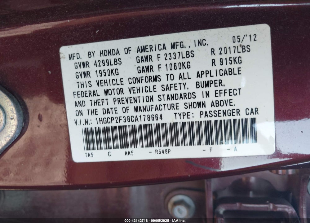 2012 HONDA ACCORD VIN: 1HGCP2F38CA178664