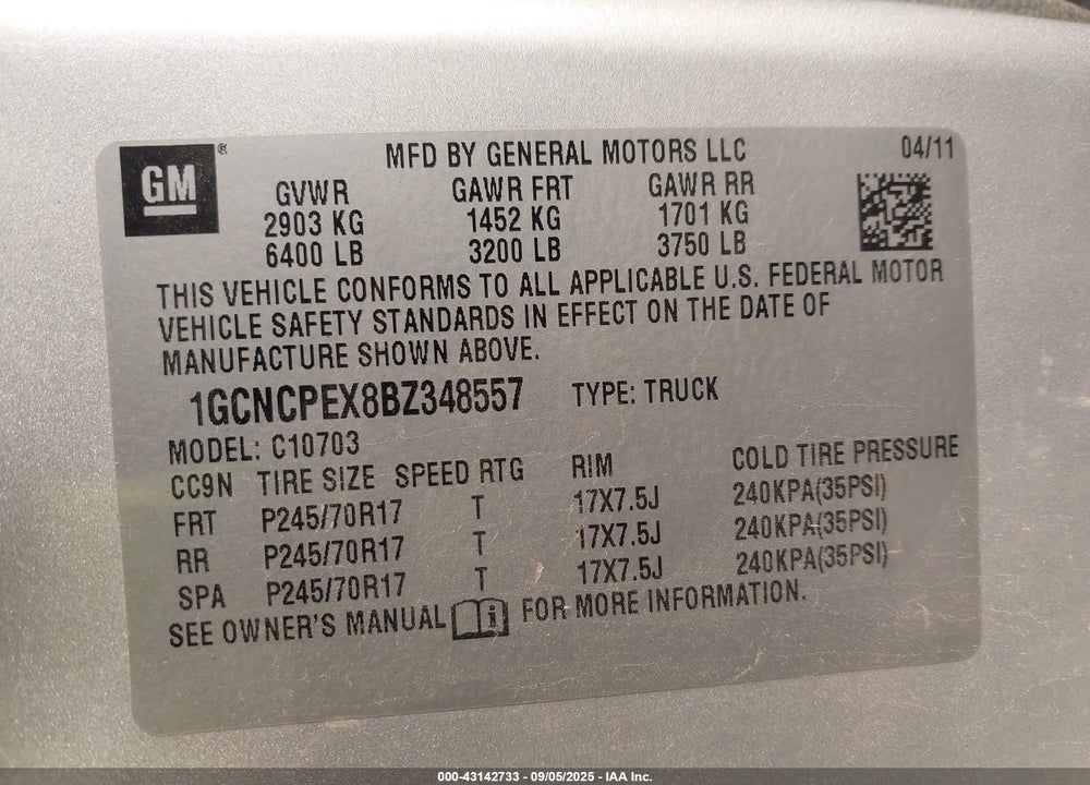 2011 CHEVROLET SILVERADO 1500 VIN: 1GCNCPEX8BZ348557
