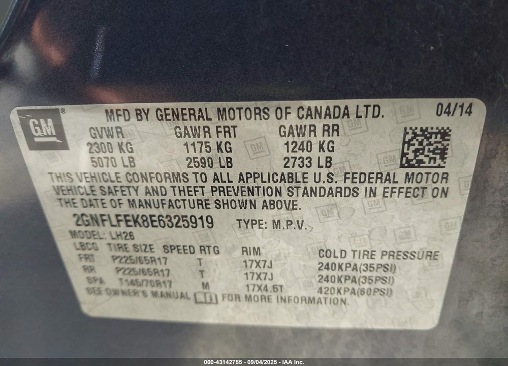 2014 CHEVROLET EQUINOX VIN: 2GNFLFEK8E6325919