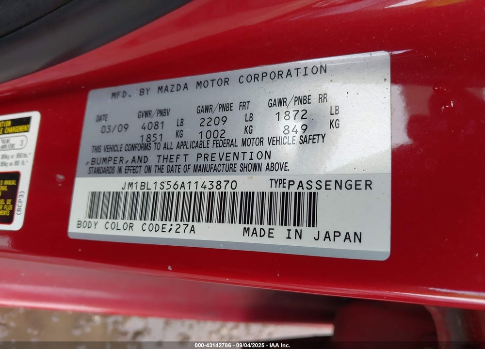 2010 MAZDA 3 VIN: JM1BL1S56A1143870