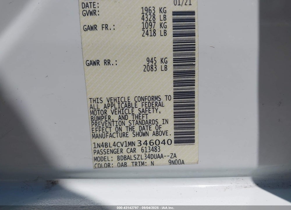 2021 NISSAN ALTIMA VIN: 1N4BL4CV1MN346040