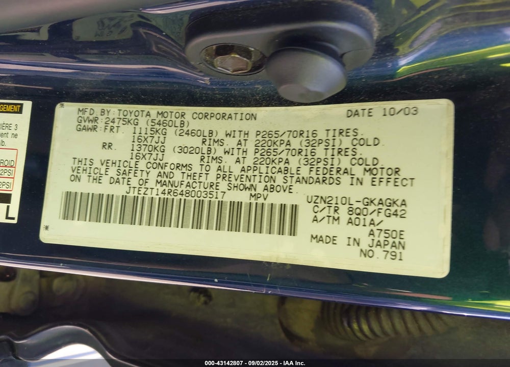 2004 TOYOTA 4RUNNER SR5 V8 VIN: JTEZT14R648003517