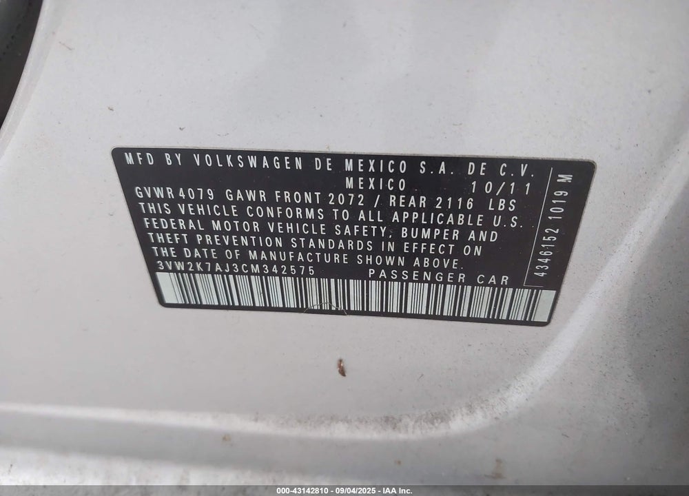 2012 VOLKSWAGEN JETTA VIN: 3VW2K7AJ3CM342575
