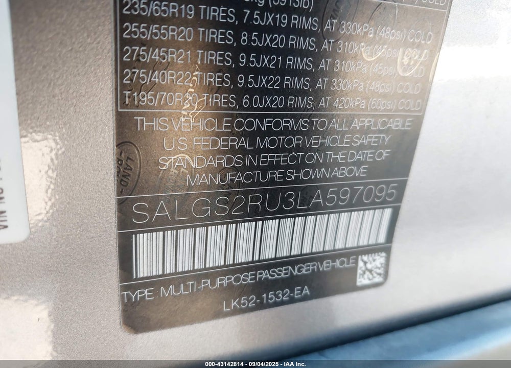 2020 LAND ROVER RANGE ROVER HSE VIN: SALGS2RU3LA597095