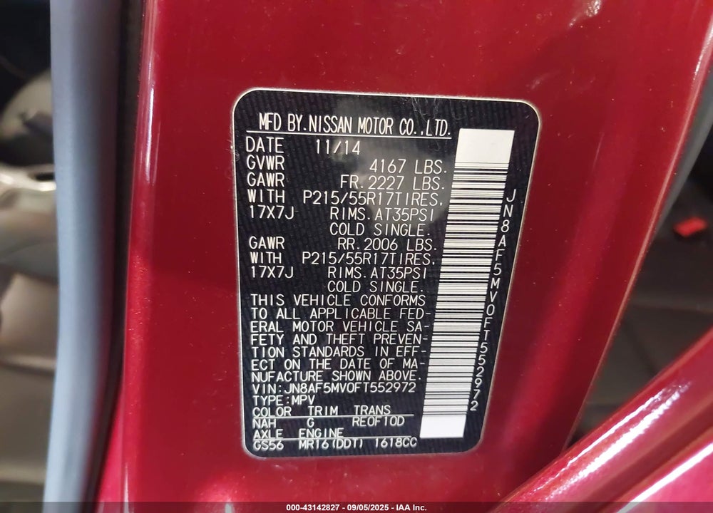 2015 NISSAN JUKE VIN: JN8AF5MV0FT552972