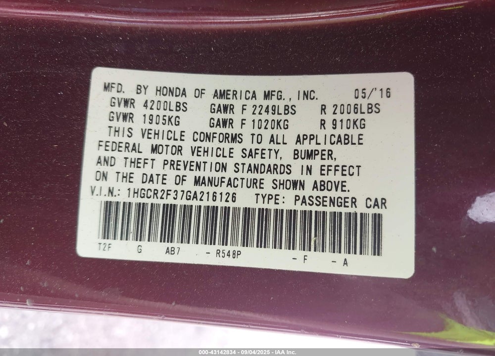2016 HONDA ACCORD LX VIN: 1HGCR2F37GA216126