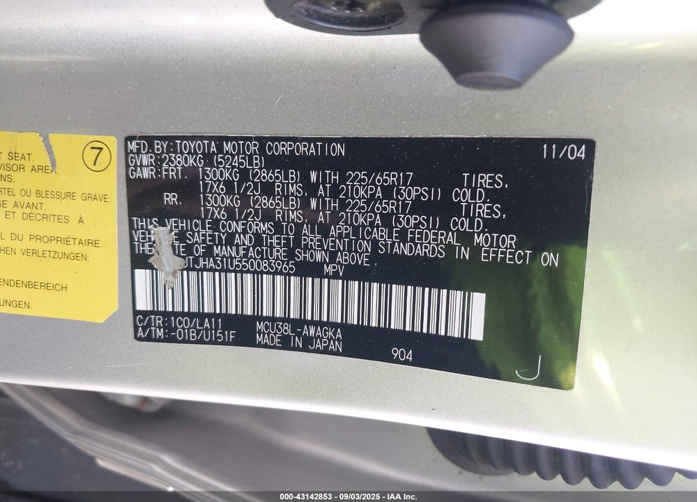 2005 LEXUS RX 330 VIN: JTJHA31U550083965