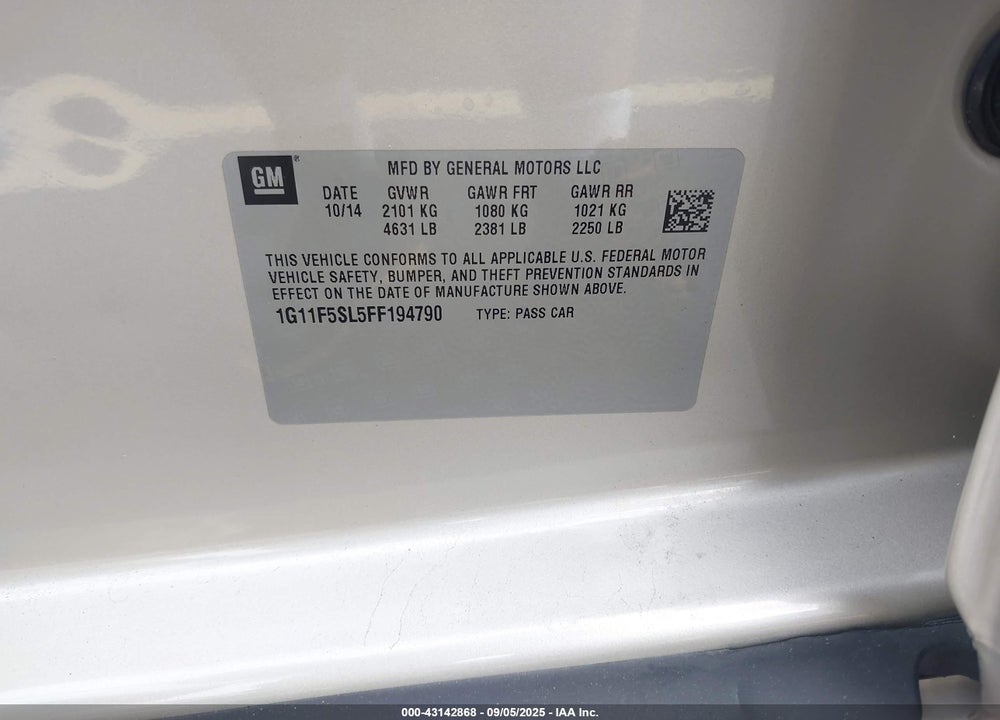 2015 CHEVROLET MALIBU VIN: 1G11F5SL5FF194790