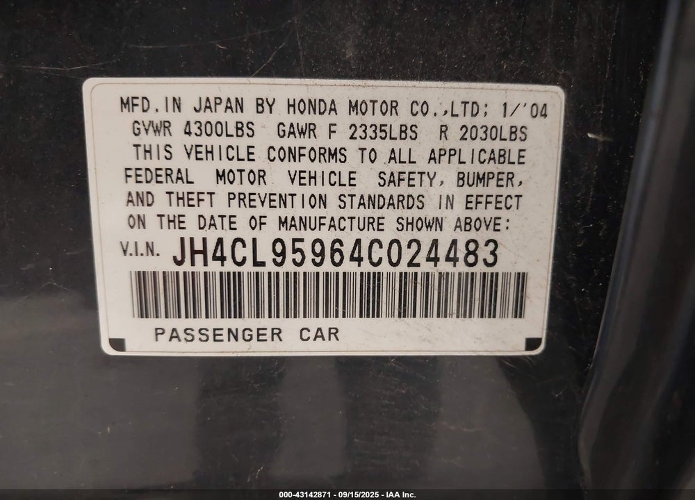 2004 ACURA TSX VIN: JH4CL95964C024483