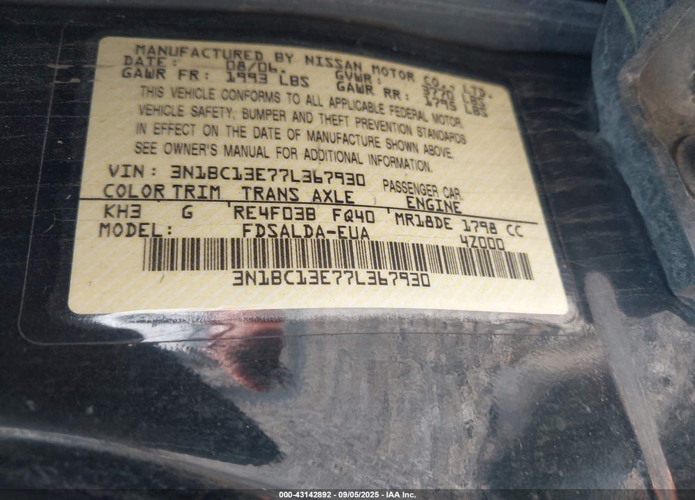 2007 NISSAN VERSA 1.8S VIN: 3N1BC13E77L367930
