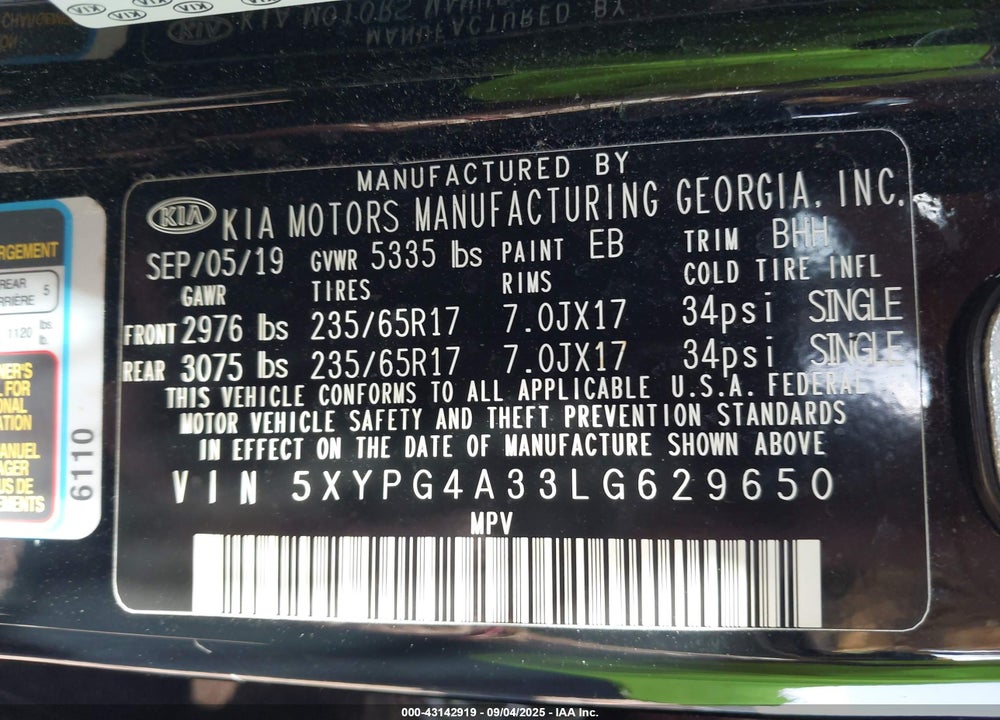 2020 KIA SORENTO VIN: 5XYPG4A33LG629650