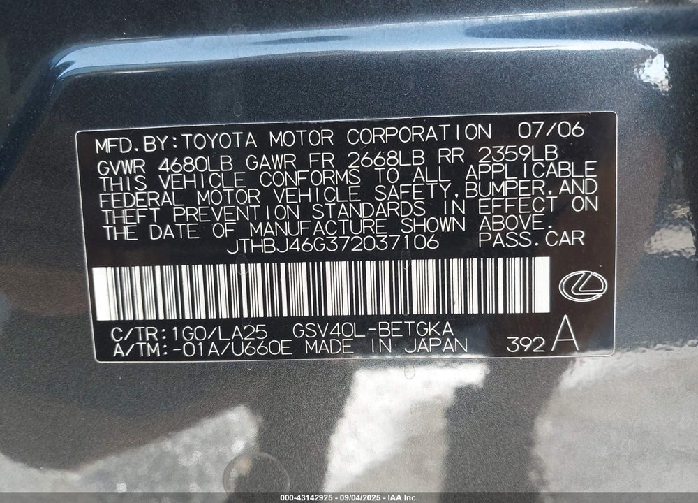 2007 LEXUS ES 350 VIN: JTHBJ46G372037106
