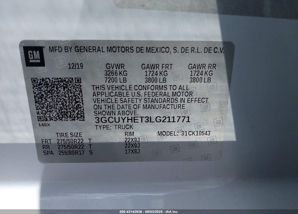 2020 CHEVROLET SILVERADO 1500 4WD SHORT BED HIGH COUNTRY VIN: 3GCUYHET3LG211771