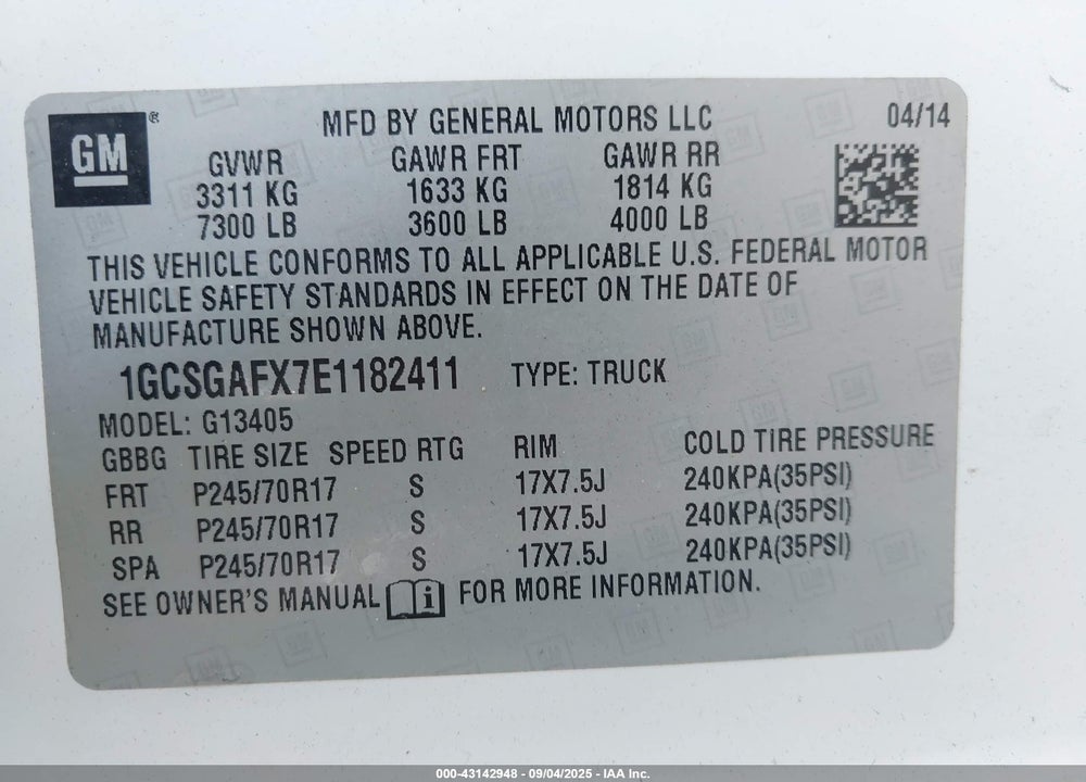 2014 CHEVROLET EXPRESS 1500 VIN: 1GCSGAFX7E1182411