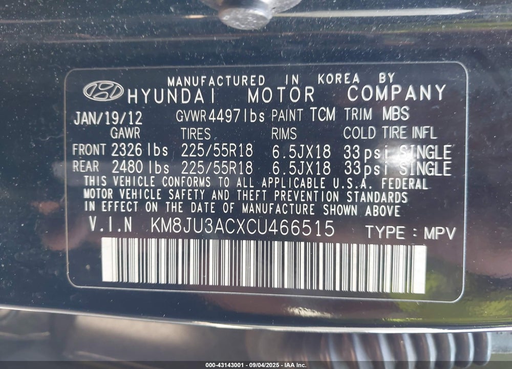 2012 HYUNDAI TUCSON VIN: KM8JU3ACXCU466515