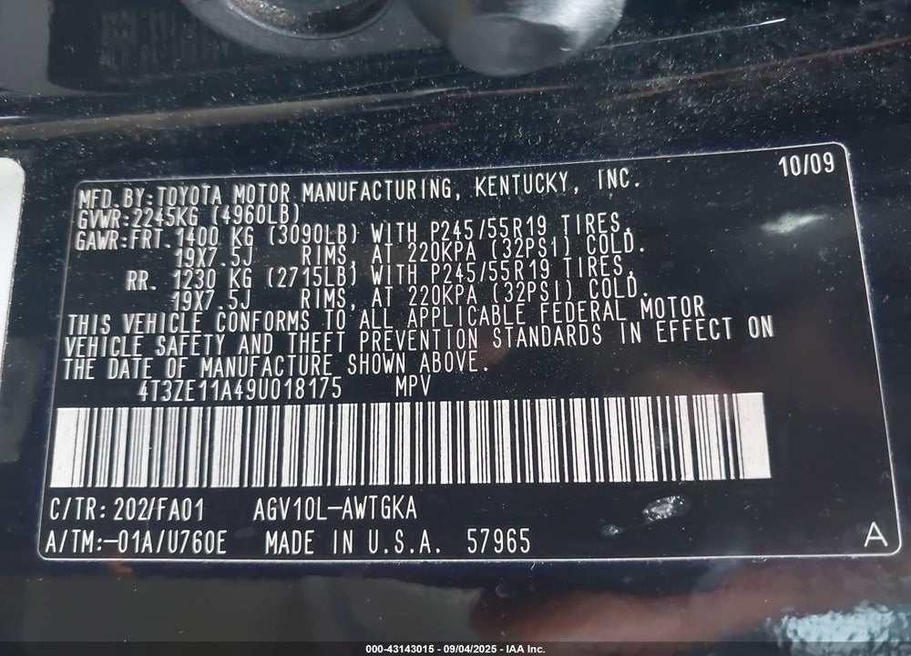 2009 TOYOTA VENZA VIN: 4T3ZE11A49U018175