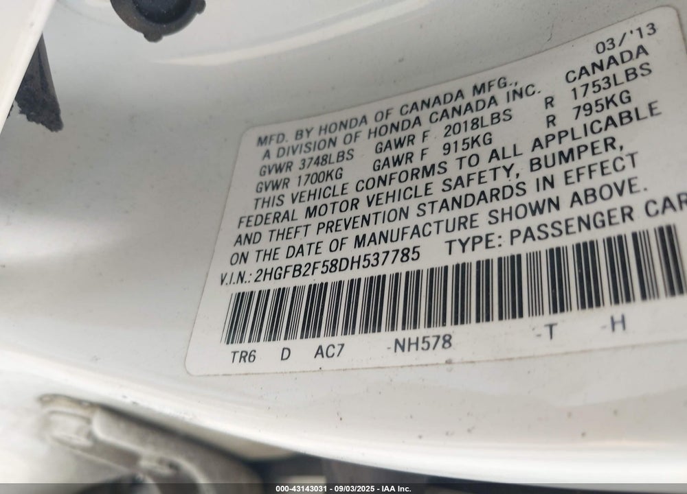 2013 HONDA CIVIC VIN: 2HGFB2F58DH537785
