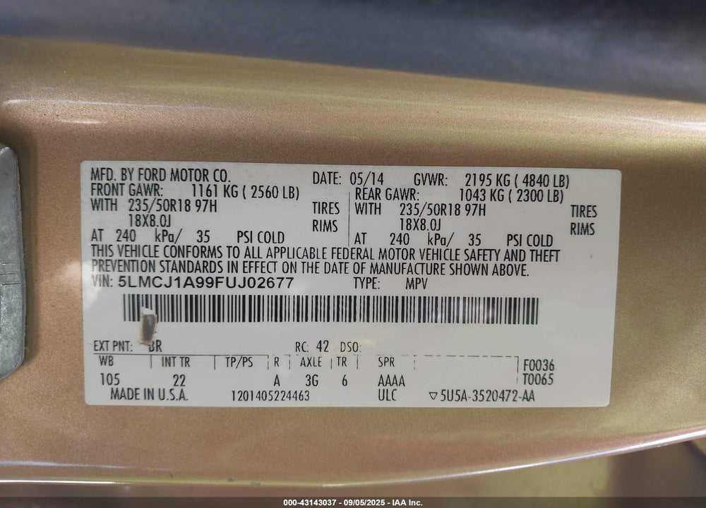 2015 LINCOLN MKC VIN: 5LMCJ1A99FUJ02677