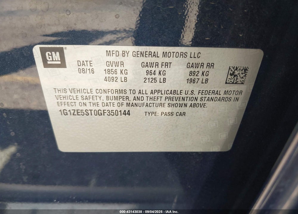 2016 CHEVROLET MALIBU VIN: 1G1ZE5ST0GF350144