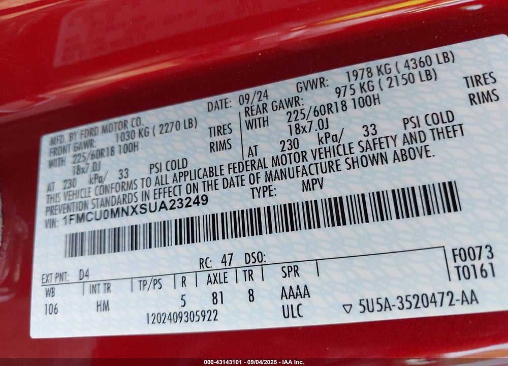 2025 FORD ESCAPE VIN: 1FMCU0MNXSUA23249