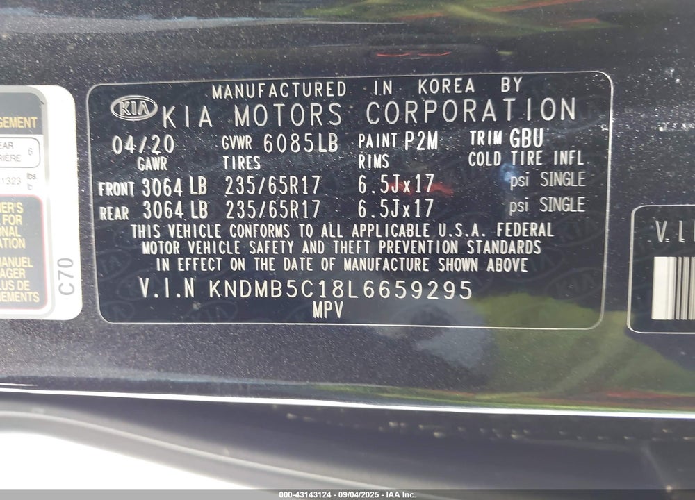 2020 KIA SEDONA VIN: KNDMB5C18L6659295