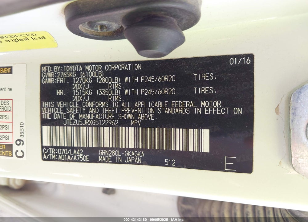 2016 TOYOTA 4RUNNER LIMITED VIN: JTEZU5JRXG5122962
