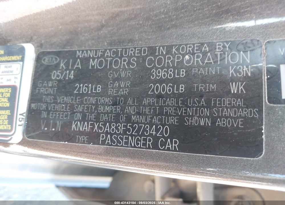2015 KIA FORTE VIN: KNAFX5A83F5273420