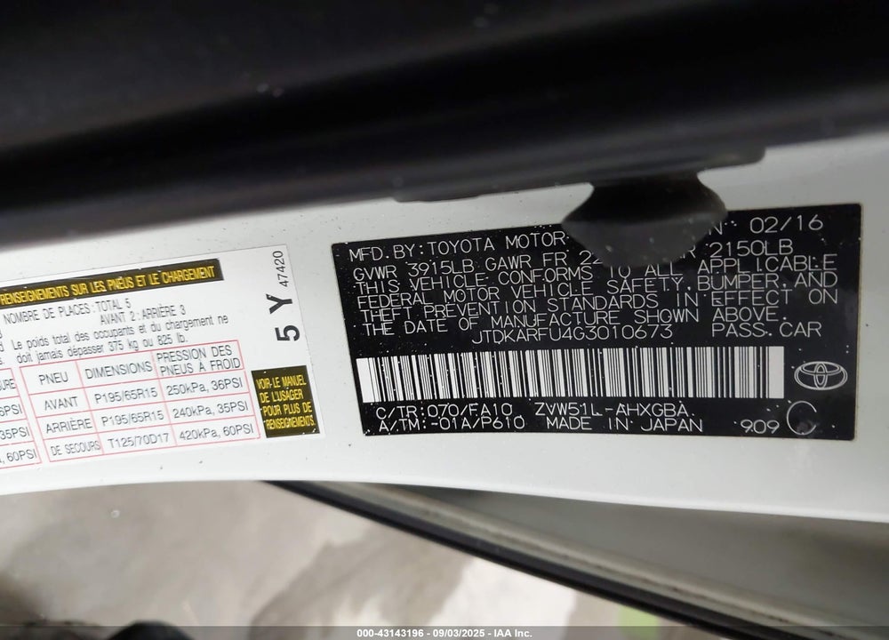 2016 TOYOTA PRIUS VIN: JTDKARFU4G3010673