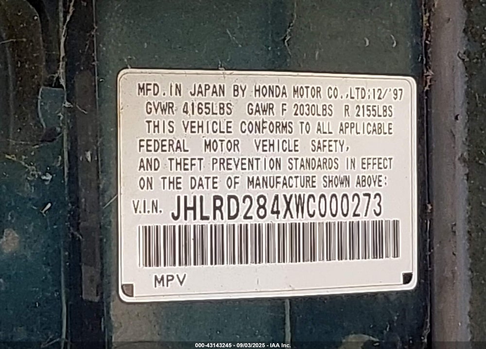 1998 HONDA CR-V LX VIN: JHLRD284XWC000273