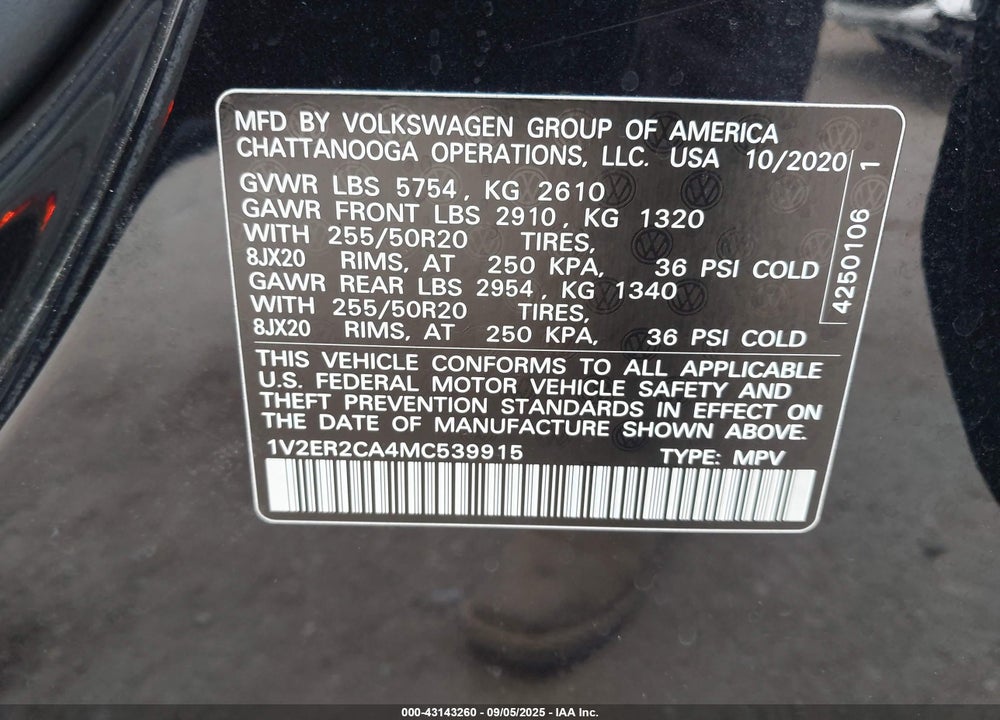 2021 VOLKSWAGEN ATLAS VIN: 1V2ER2CA4MC539915