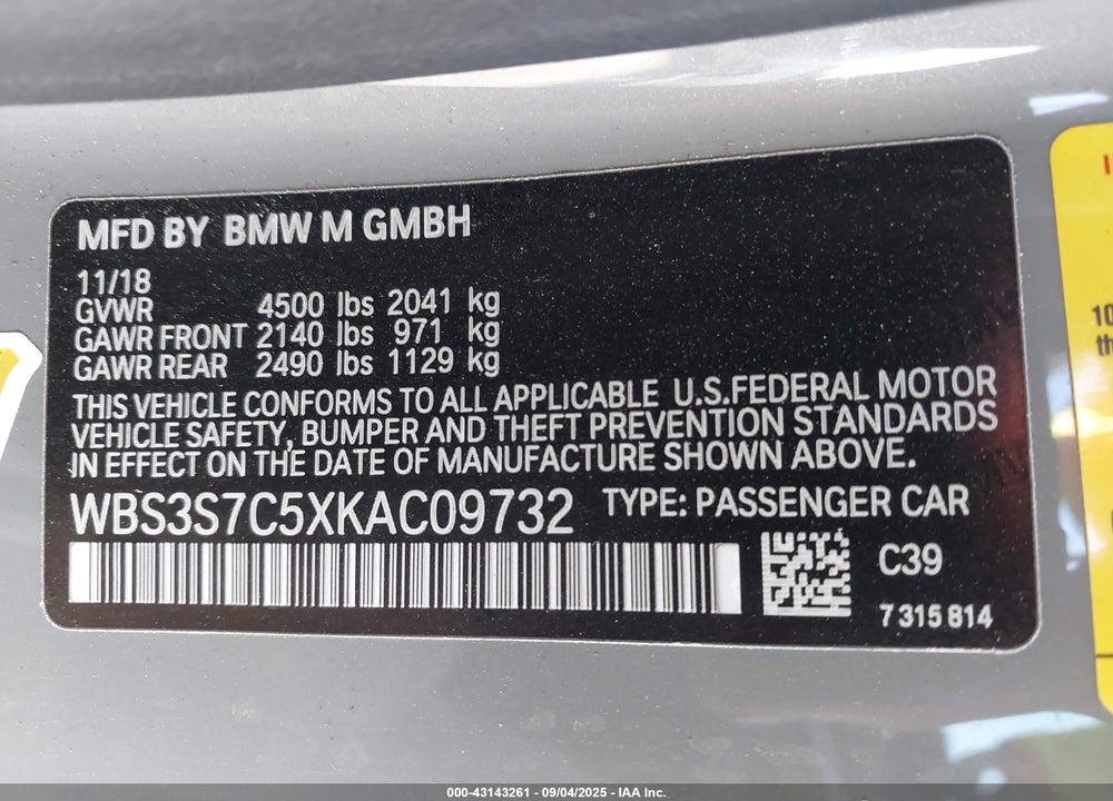 2019 BMW M4 VIN: WBS3S7C5XKAC09732
