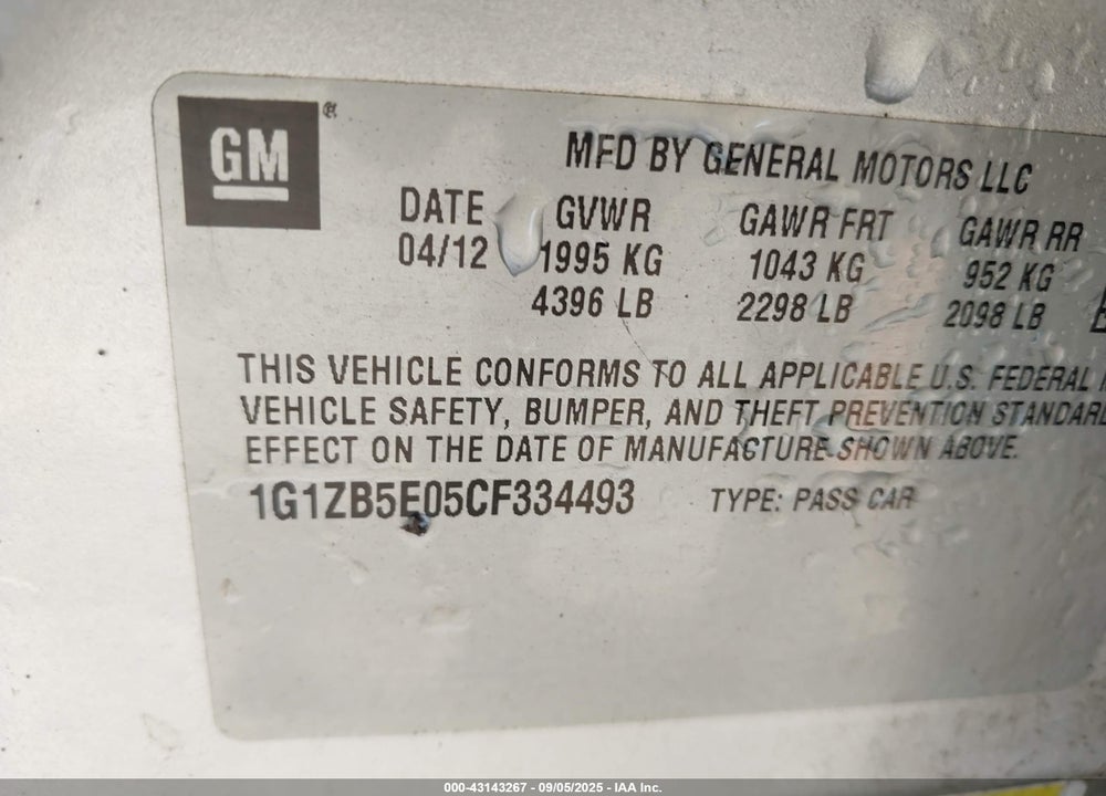 2012 CHEVROLET MALIBU VIN: 1G1ZB5E05CF334493