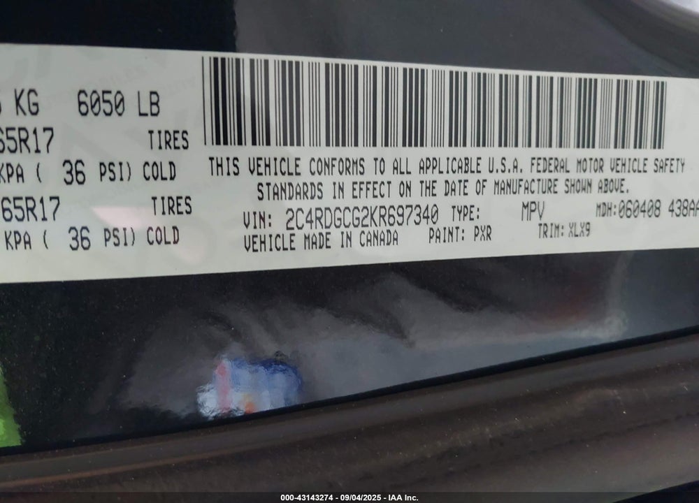 2019 DODGE GRAND CARAVAN VIN: 2C4RDGCG2KR697340