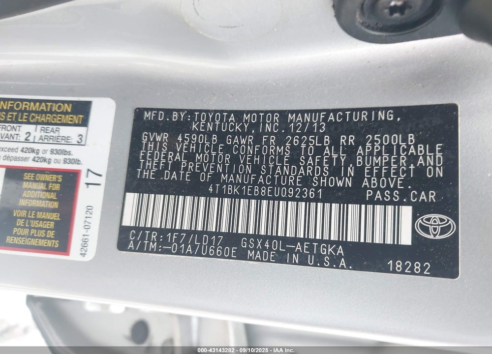 2014 TOYOTA AVALON VIN: 4T1BK1EB8EU092361
