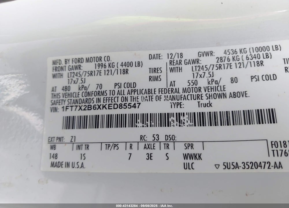 2019 FORD F-250 VIN: 1FT7X2B6XKED85547
