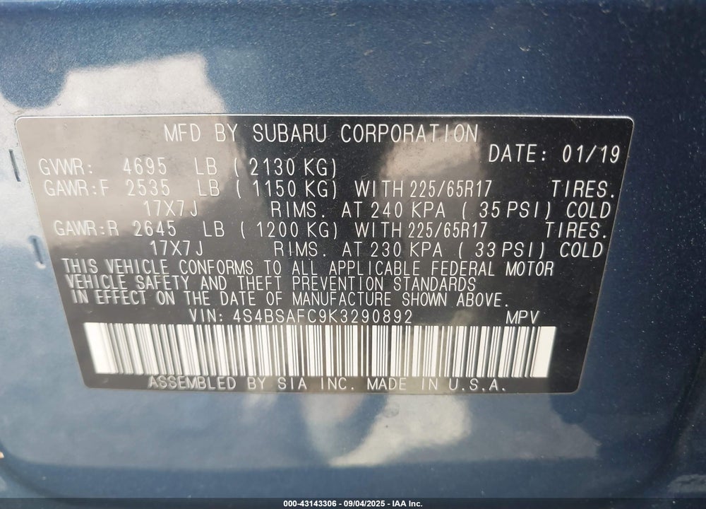 2019 SUBARU OUTBACK VIN: 4S4BSAFC9K3290892