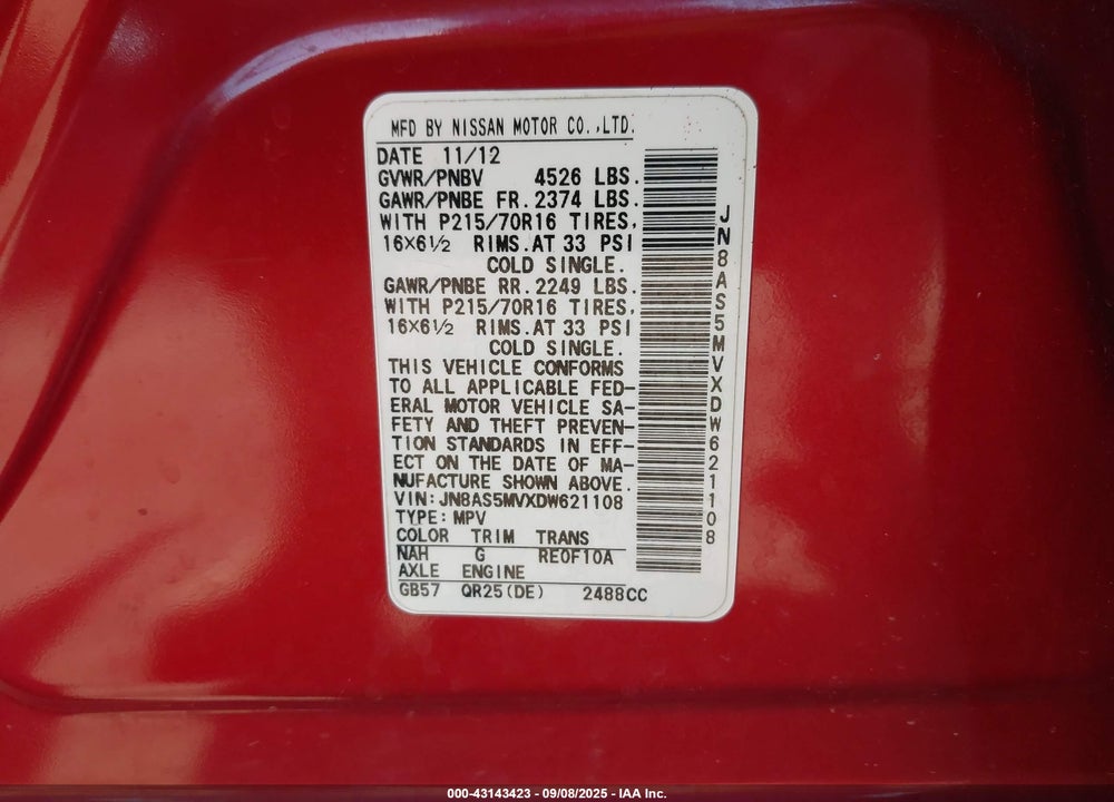 2013 NISSAN ROGUE VIN: JN8AS5MVXDW621108